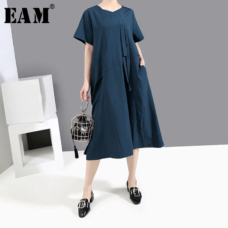[EAM] Women Blue Brief Pocket Ribbon Long Dress New Round Neck Short Sleeve Loose Fit Fashion Tide Spring Summer 2020 1X125
