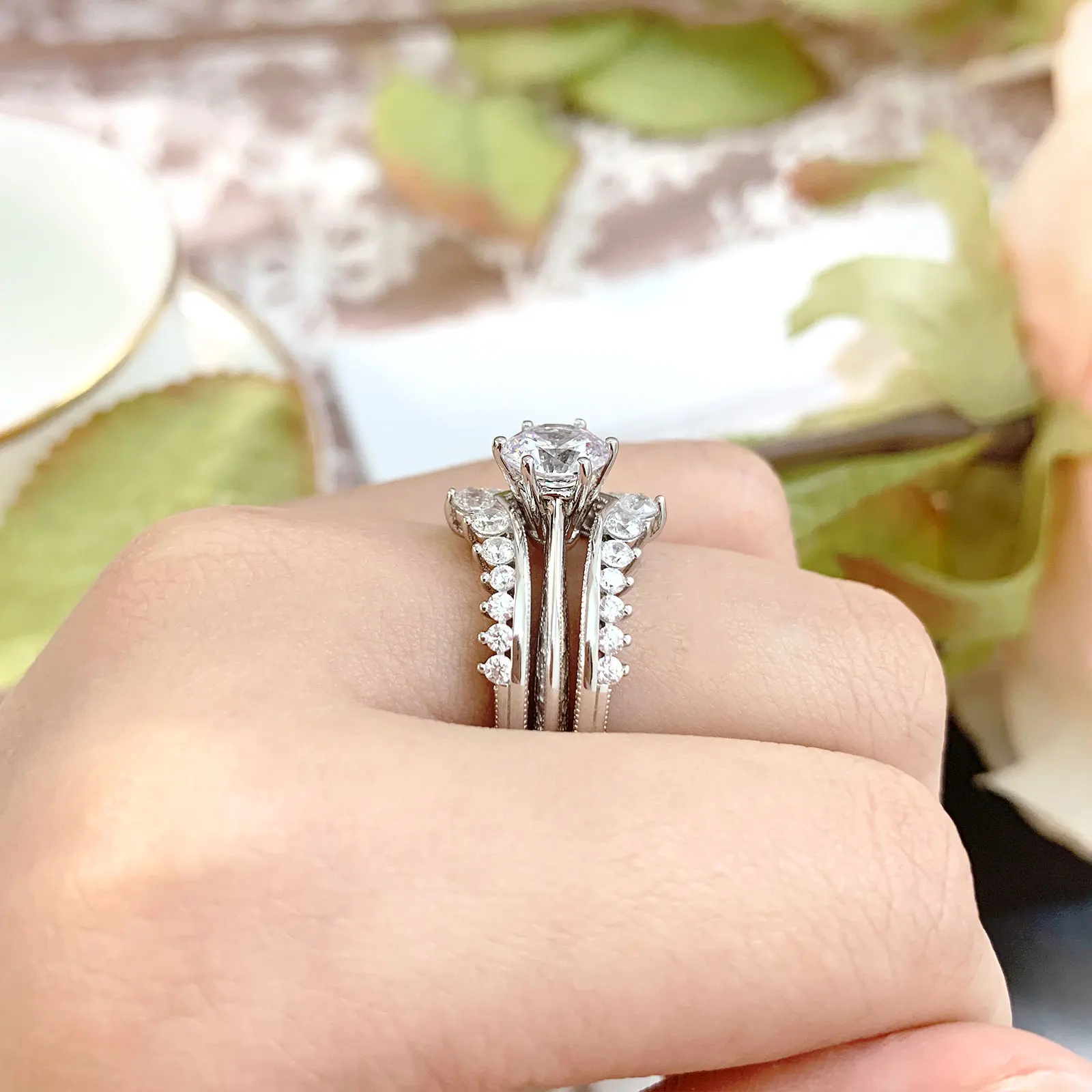 Newshe Luxury Solid 925 Sterling Silver Wedding Engagement Rings for Women High Grade Cubic Zircon Guard Band BR1167 H0ca3dc360a3a448196dab8cb794133d5R