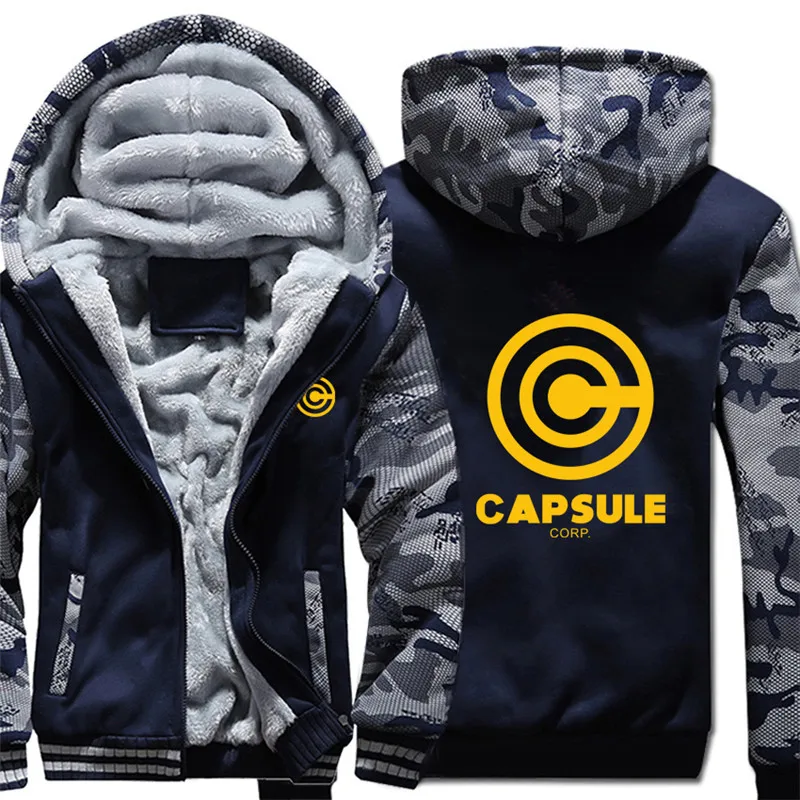В стиле аниме «Драконий жемчуг зет чехол Capsule corp толстовки зимняя камуфляжная теплая зимняя куртка с капюшоном на утином Для мужчин флис Dragon Ball Z кофты