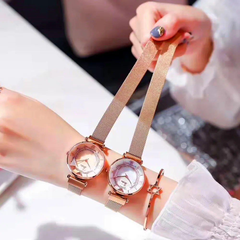 

2020 Hot Popular Korea New Design Watch Creative Concise Starry Sky Dial Clock Steel Mesh Magnet Buckle Student Quartz Watches
