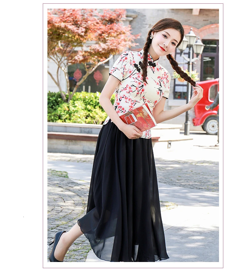 S-4XL Plus Size Chinese Tops Shirts Blue Printing flowers Chinese Tops Woman Pink Shirt Tops Clothing