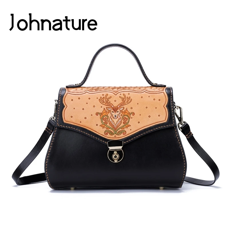 

Johnature Chinese Style Hand Carved Leather Luxury Handbags Women Bags Designer 2020 New Retro First Layer Cowhide Messenger Bag