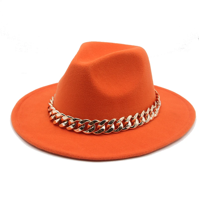 fedora cap Fedora Hats for Women Men Wide Brim Thick Gold Chain Band Felted Hat Jazz Cap Winter Autumn Panama Red Luxury Hat Chapeau Femme cheap fedora hats