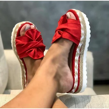 

Women Slippers Bow Hemp Flat Platform Ladies Slides Outdoor Flip Flops Beach Shoes Woman Slippers Summer Sandals Female 2020
