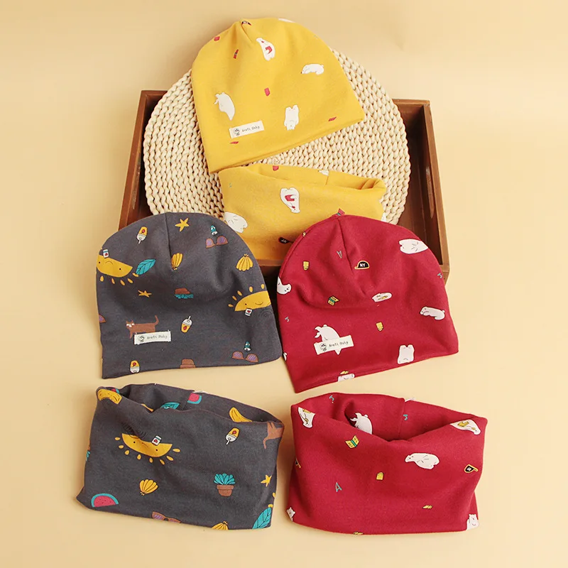 

19 Autumn And Winter Cartoon Children's Set of Head Cap Scarf Collar Two-Piece Printed Baby Hat Scarf Set