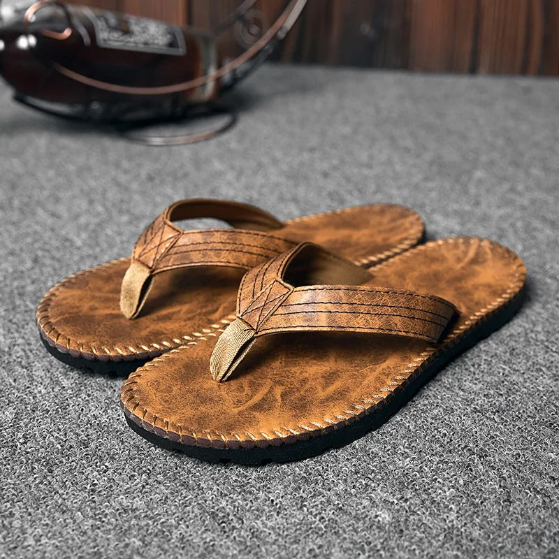 Мужские летние шлепанцы новые кожаные сандалии пляжная обувь размера плюс