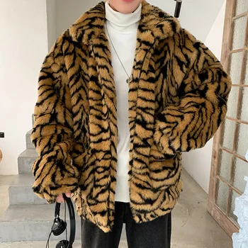 

Men Pattern Fleece Fur Fluffy Coat Jacket Jumper Oversized Warm Outwear Jackets Man Tiger Grain Imitate Leather