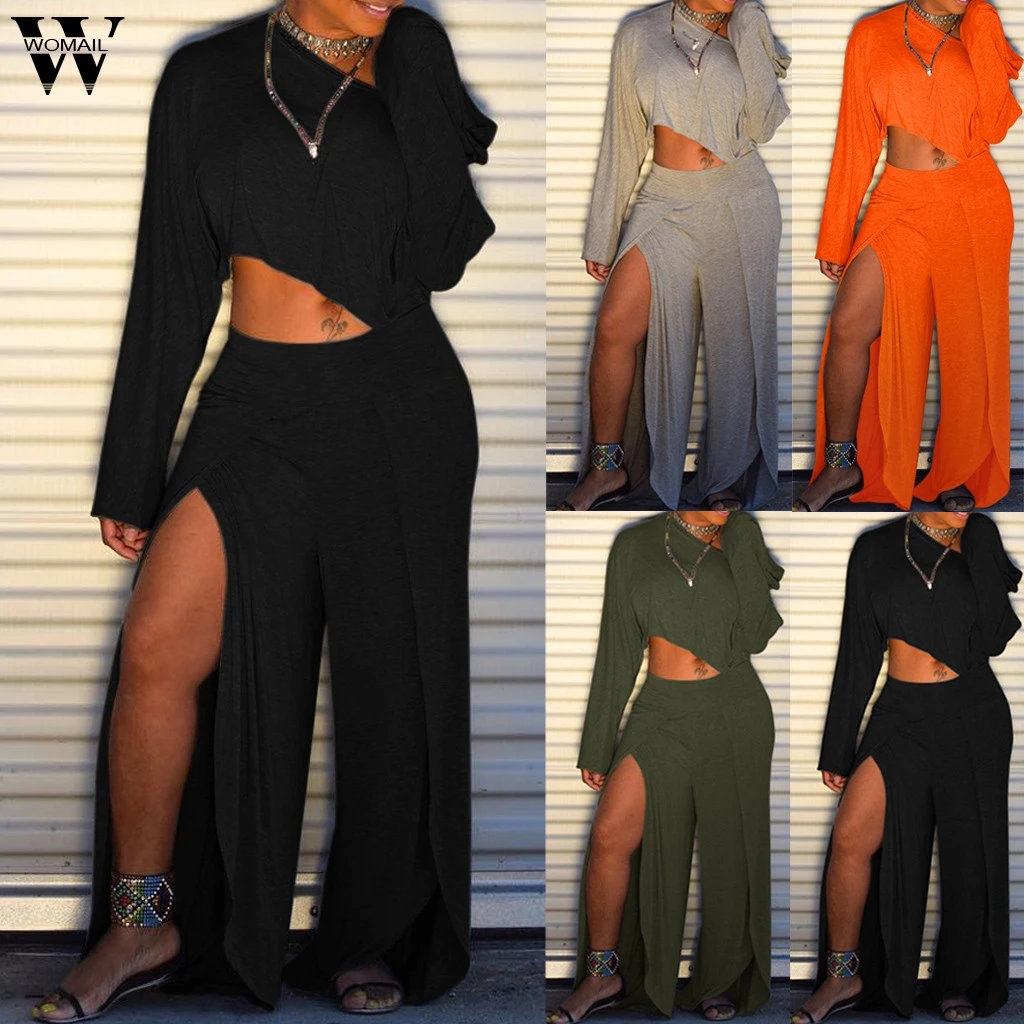 

Womail Women Sexy Club Suit Sets Casual Long Sleeve Solid Loose Tops+Slit Long Pants All Season Womne Suit Sets S-3XL
