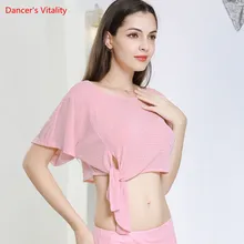 Сексуальный топ с круглым вырезом, розовый, фиолетовый, черный, с сеткой, для танца живота, короткий рукав, бандаж, танцевальная Блузка/Топ