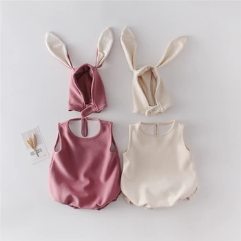 

Newborn Baby Girls Clothes Summer Solid Sleeveless Cute Rabbit Crew Neck Romper Jumpsuit Outfits Clothes Send Hat 0-24M