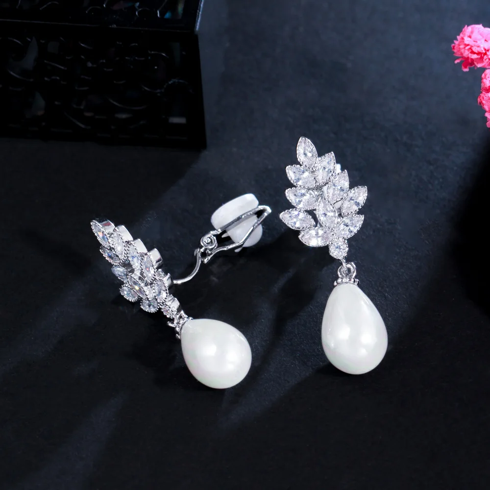 Shiny Cubic Zirconia Pave Leaf Shape Dangling Pearl Non Pierced Ear Clips Earrings For Women ear clip earrings,clip earrings,ear clip,ear accessories