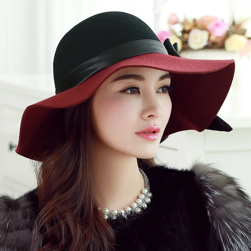 

Black Wine Red Patchwork Wool Felt Fedora Hats Large Bowknot Decor Women Wide Brim Panama Trilby Bucket Cap Beach Floppy Sun hat