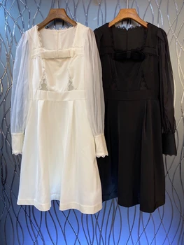 

2020 Early Autumn New Women's Square Collar Back Zipper Decorations Sleeves Lace Perspective Stitching Solid Color Dress 816