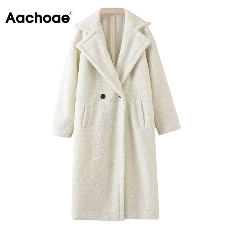 Aachoae Winter Casual Solid Teddy Coat Women Long Sleeve Fleece Long Jacket Turn Down Collar Lamb Fur Coat Outerwear Fourrure