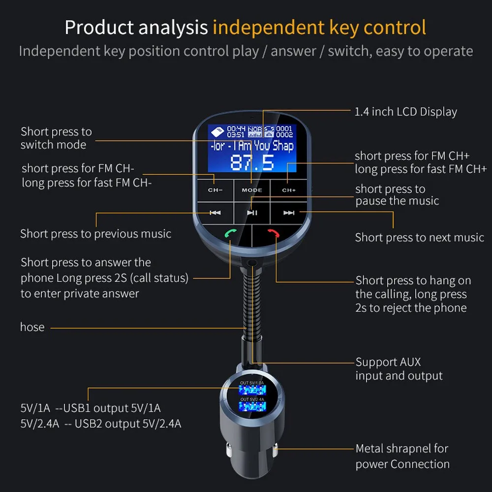 12 V-24 V автомобильный Bluetooth MP3 плеер и системой «Хендс-фри» для свободные руки, FM передатчик, автомобильный MP3 Bluetooth Автомобильный Зарядное устройство 7