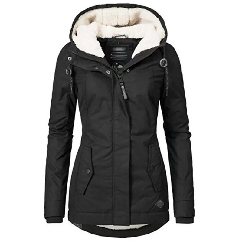 Black Cotton Coats Women Casual Hooded Jacket Coat Fashion Simple High Street Slim Winter Warm Thicken Basic Tops Female