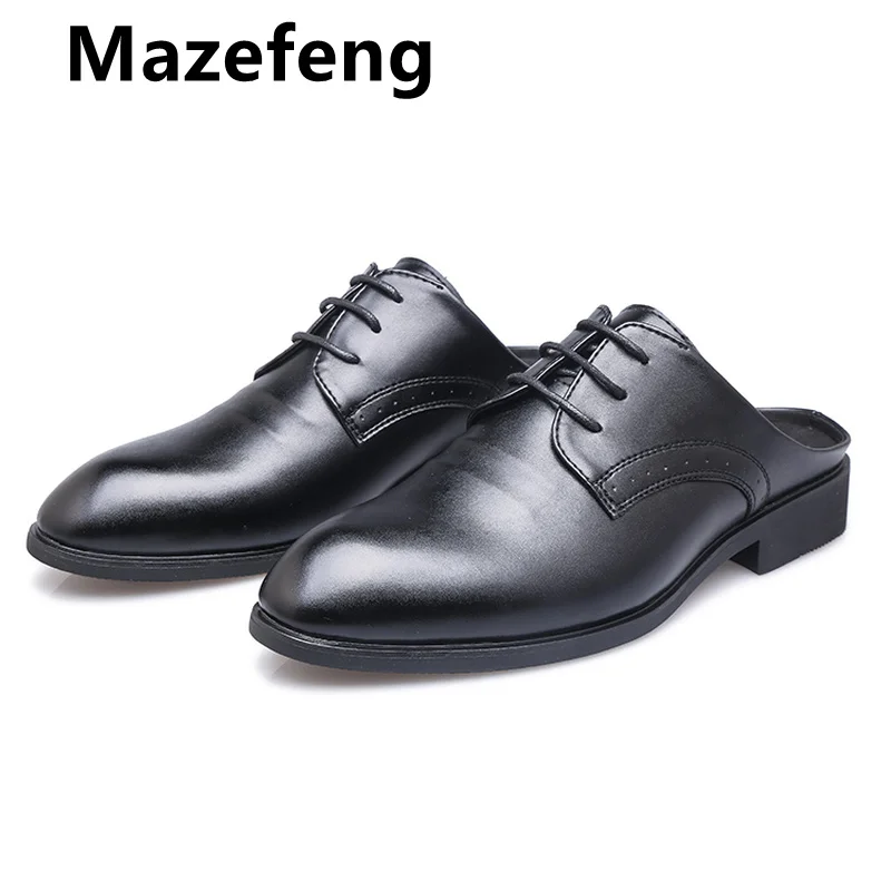 Mazefeng/Мужская обувь, увеличивающая рост; тапочки на шнуровке; мужские тапочки; Простые повседневные тапочки; однотонные кожаные шлепанцы с круглым носком