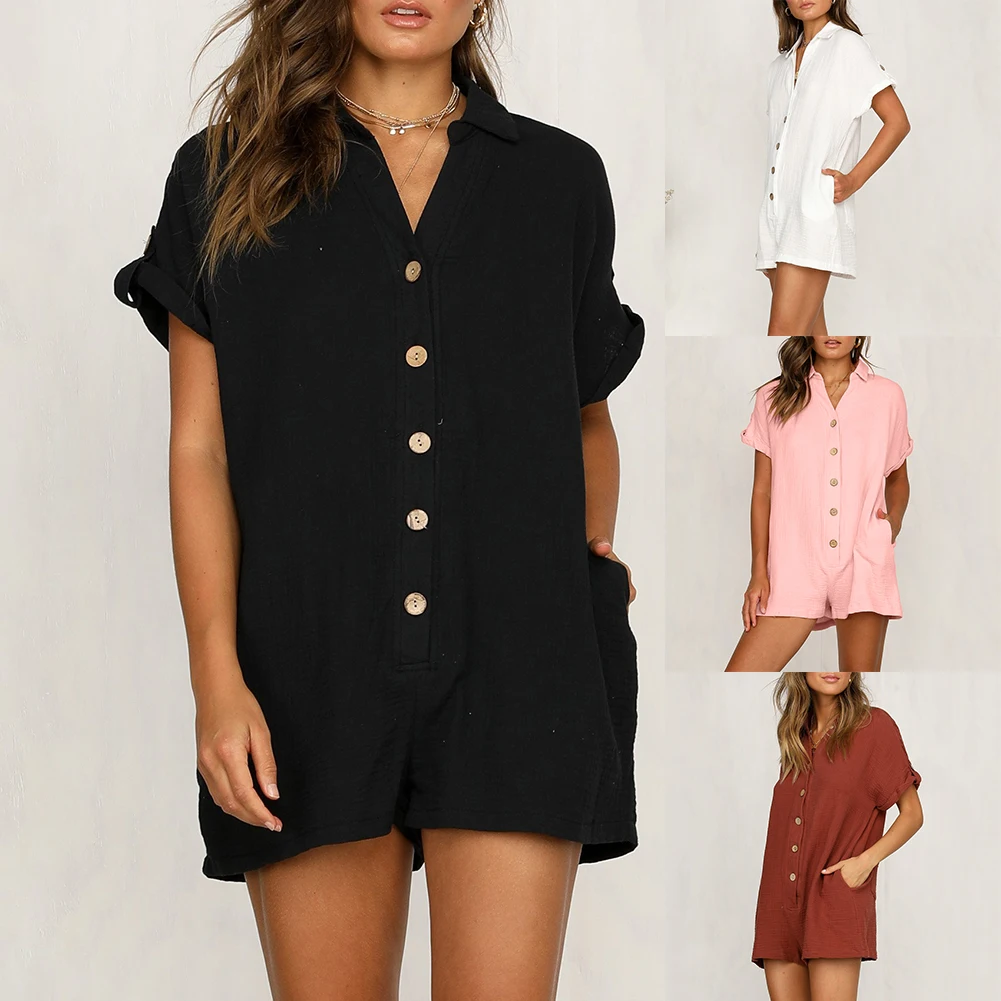  - Summer Single Breasted Solid Color Short Sleeve Jumpsuit Women Shorts Romper