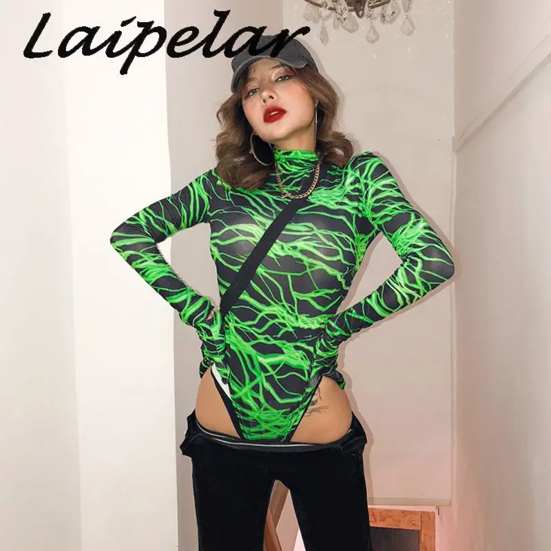 Laipelar, с принтом молнии, Женское боди, с длинным рукавом, перчатки, бодикон, сексуальная водолазка, уличная одежда, осень, Witner Cothes, клубная одежда