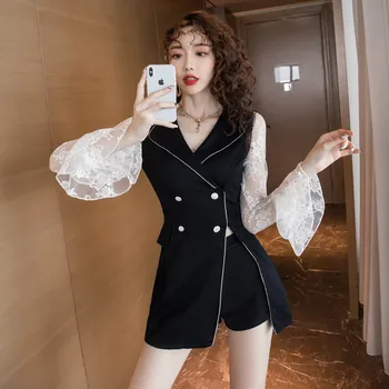 

S-XXL Large Size 2020 New Year Autumn Winter 2 Piece Set Ladies Lace Patchwork Black Blouse and Slim Shorts Two Piece Set Women