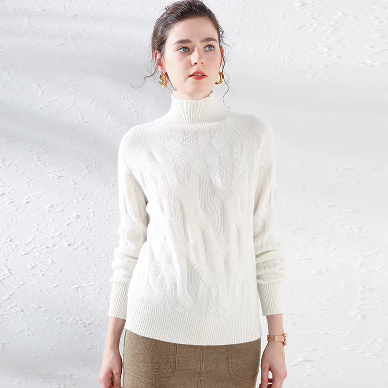 Высококачественный Женский свитер с высоким воротом,, кашемир, вязаный свитер для женщин, Однотонный женский свободный вязаный свитер с длинным рукавом - Цвет: Белый