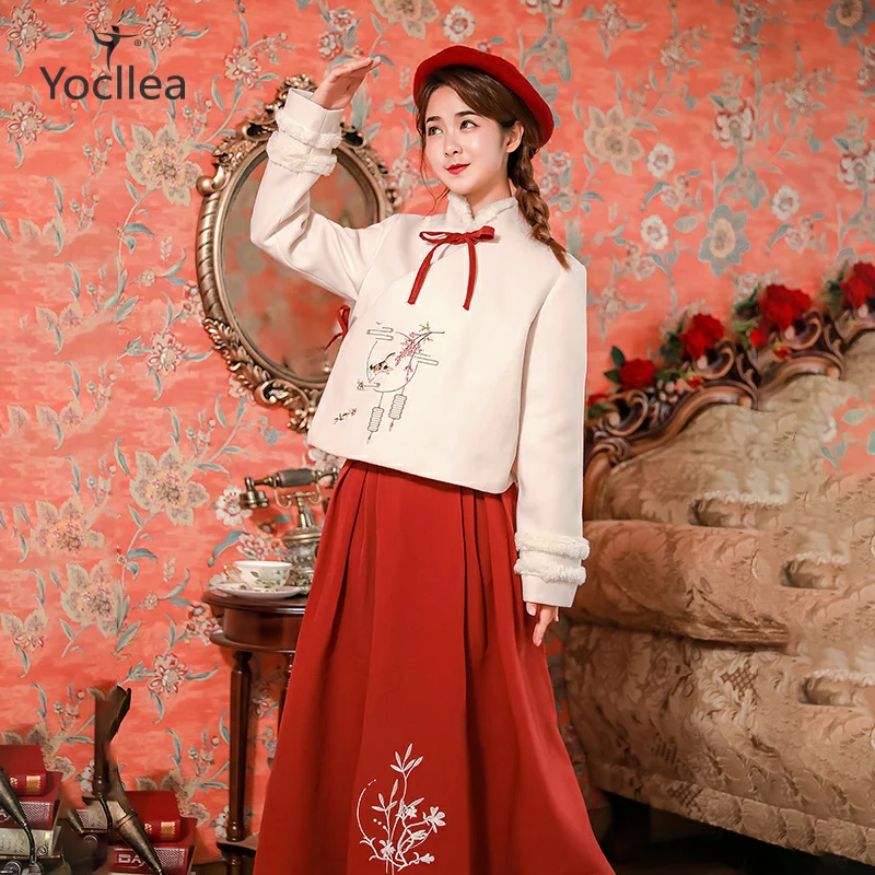 Осенне-зимний комплект из двух предметов, женский новогодний комплект Hanfu, винтажный шерстяной топ с длинными рукавами, пальто+ юбка, комплект для молодых девушек, Рождественская одежда
