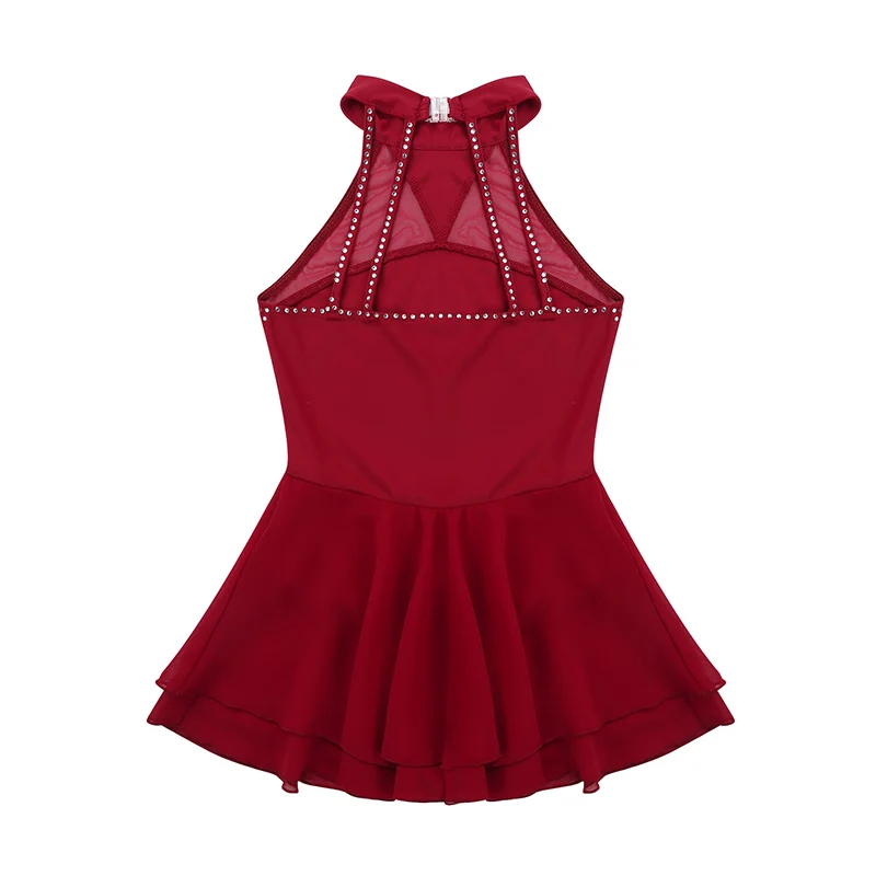 TiaoBug Kids Teens Sleeveless Sparkly Rhinestones Mesh Splice Figure Skating Dress Girls Ballet Gymnastics Leotard Dance Wear