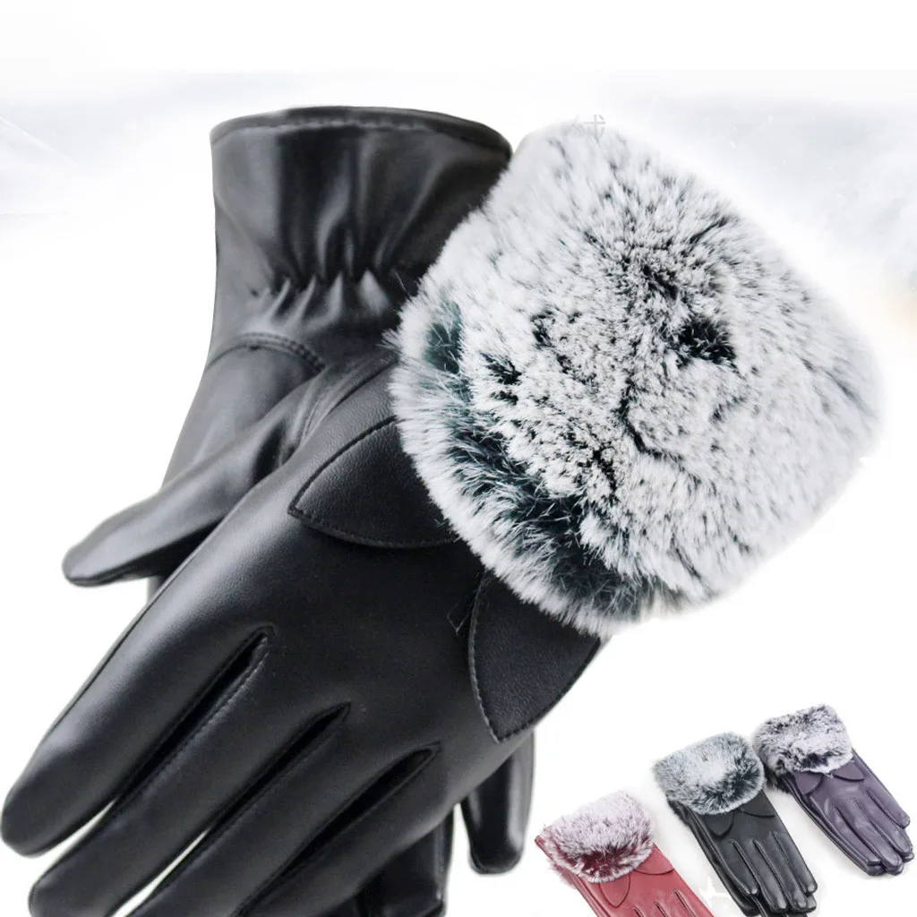 Женские зимние перчатки для сенсорного экрана из искусственной кожи толстые теплые зимние водонепроницаемые велосипедные перчатки# Zer