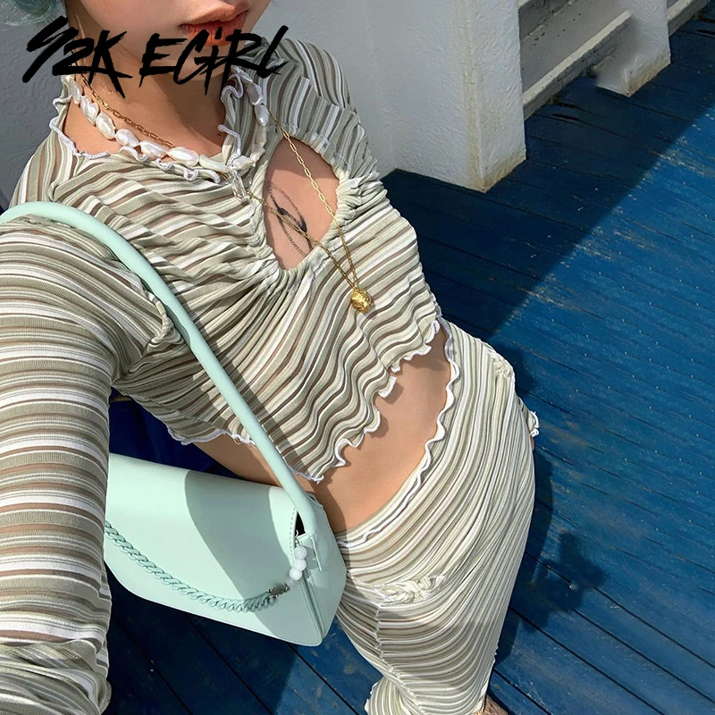 

Y2K EGIRL Cute Hollow Out Front Striped Co-ord 2 Piece Sets Vintage Ruffled Long Sleeve Crop Tops and Bodycon Midi Skirts Sets