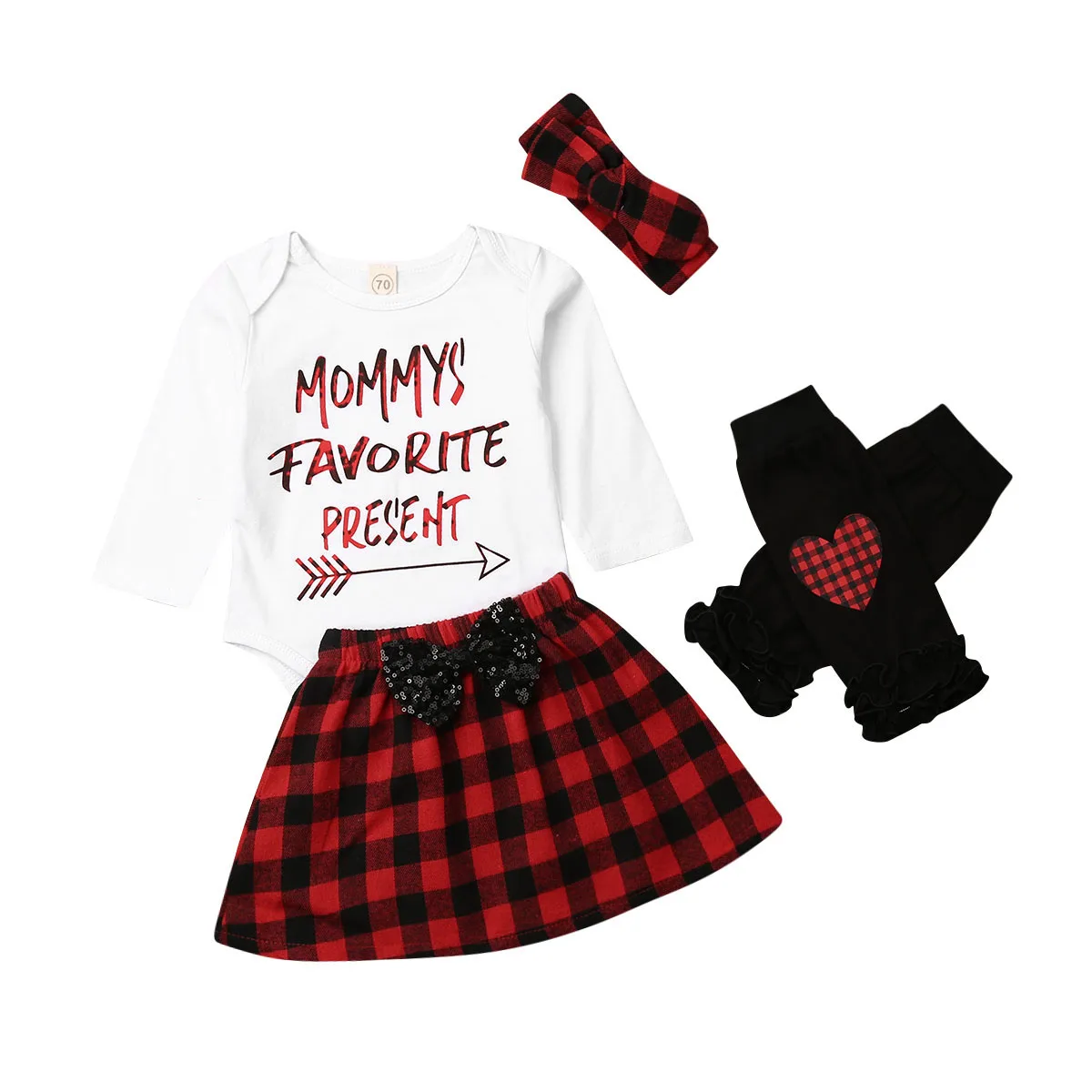 Коллекция года, весенне-осенняя одежда для малышей 4 предмета, Рождественская Одежда для новорожденных девочек комбинезон+ юбка-пачка в клетку, леггинсы, комплект одежды