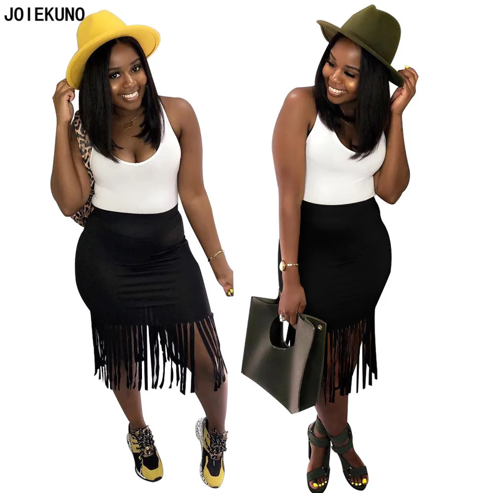 JOIEKUNO однотонная Высокая уличная мода короткая юбка женские юбки mujer moda Сексуальная кисточка женские вечерние сексуальные низ WNK8838