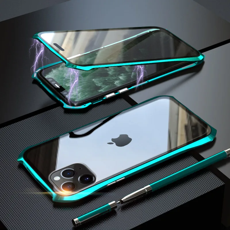 360 полный защитный Магнитный чехол для iPhone 11 противоударный чехол для iPhone 11 PRO MAX металлический бампер чехол двойное закаленное стекло - Color: Mint Green
