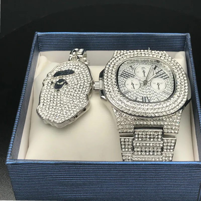 

Luxury Men Diamond Watch Men Hip Hop Jewelry Stylish Watch & Necklace Combo Set Africa Pendant Silver Cuban Jewelry Set For Men