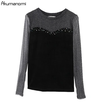 

Velour Velvet Black Blouse Womens Plus Size 5xl 4xl 3xl Xxl-l O-neck Mesh Long Sleeve Retro Vintage Ladies Tops And Blouses 2019