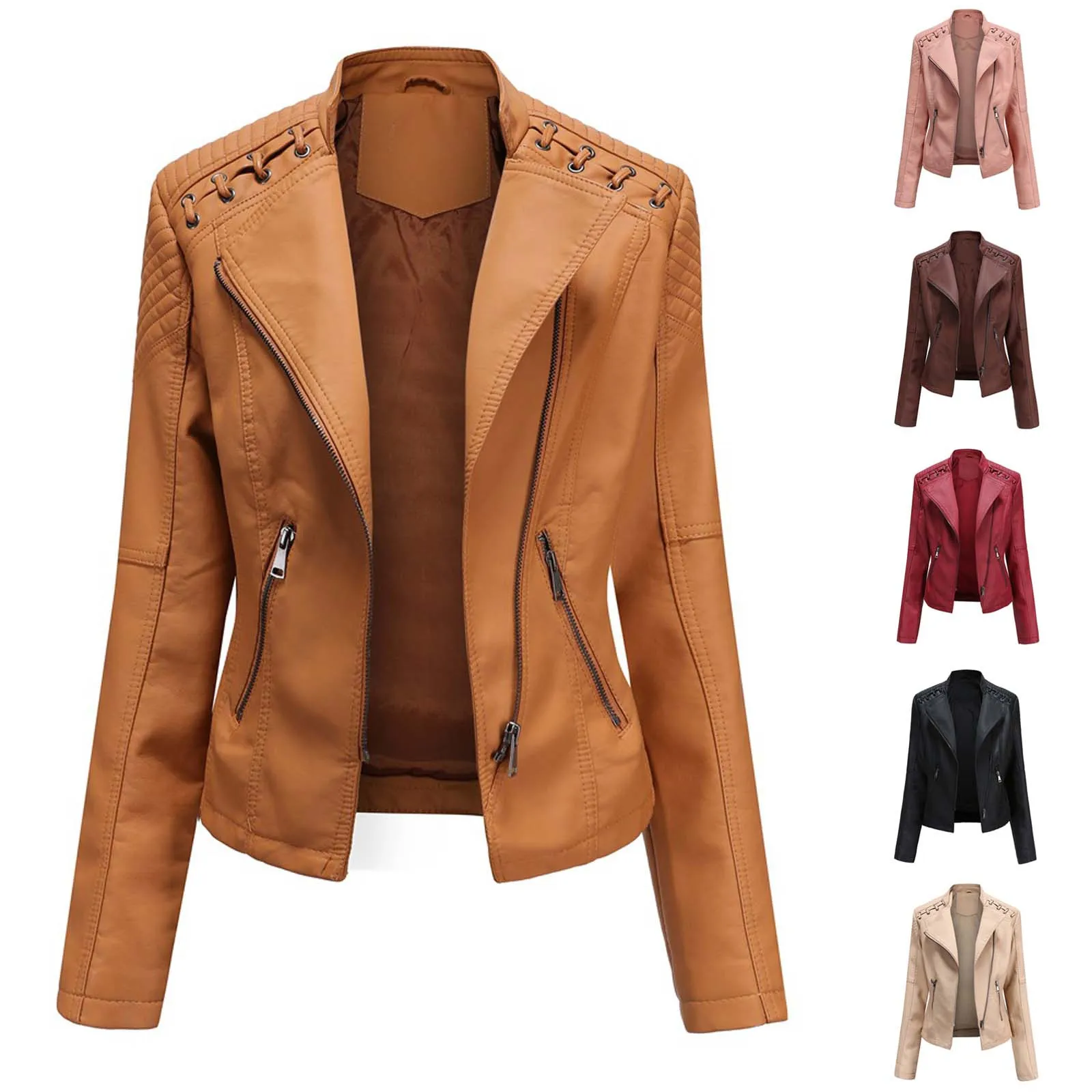 

Faux Leather Lapel Motor Jacket Coat for Womens Zip Biker Punk Short Overcoat Woman Winter Soft Leather Outwear