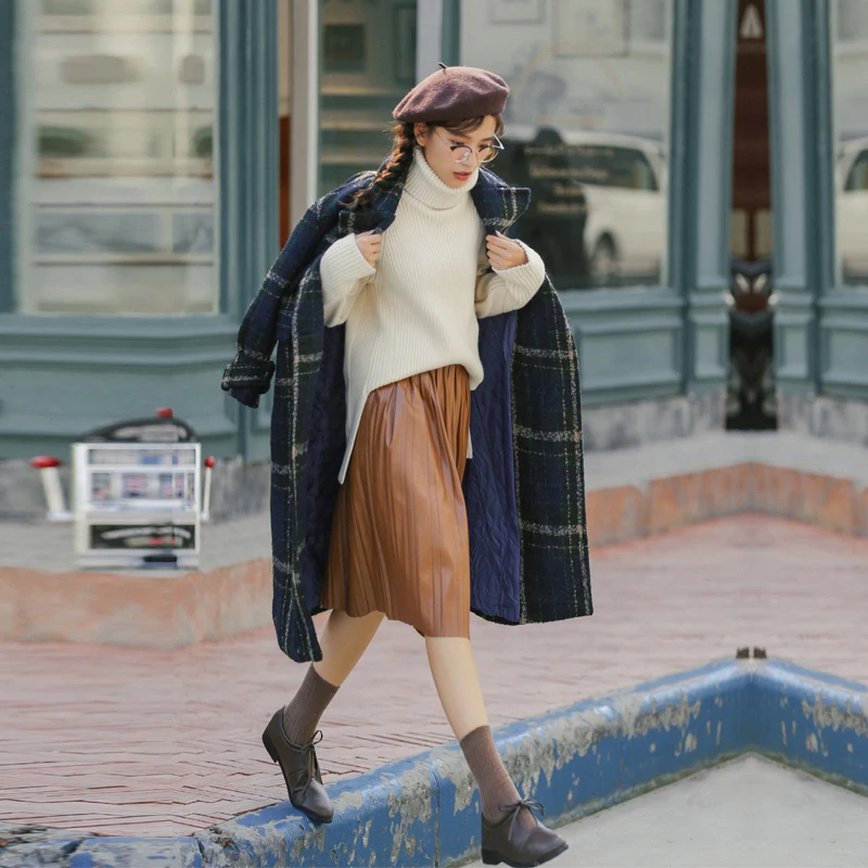 Manteau Осень Зима длинное клетчатое шерстяное пальто женское винтажное плотное Nizi пальто для колледжа женские куртки пальто XA250