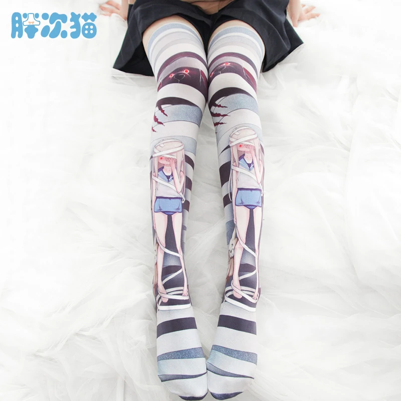 Милые японские Лолита темно панк мультфильм кукла чулки с принтом девушки бархат молодой девушки Kawaii выше колена чулки для косплея Косплей