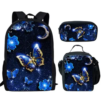 

THIKIN 3pcs/set School Bags Kids Girls Beauty Butterfly 3D Print Large School Backpacks Children Book Bag Animal Pattern Custom