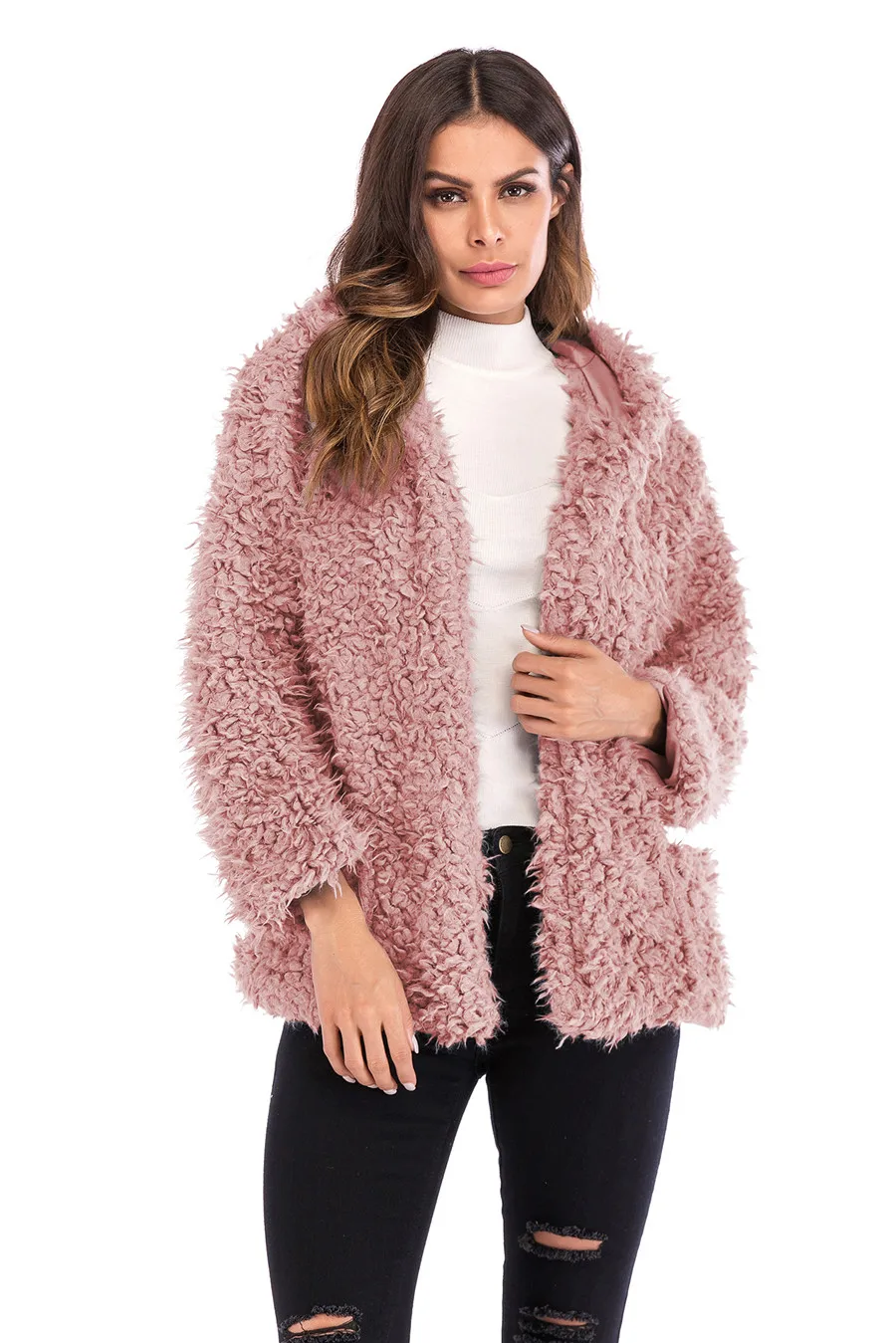 Casual Autumn Winter Teddy Coat Women Long Sleeve Pocket Loose Fluffy Jacket Warm Faux Fur Coat 2019 Short Hooded Overcoat  (22)