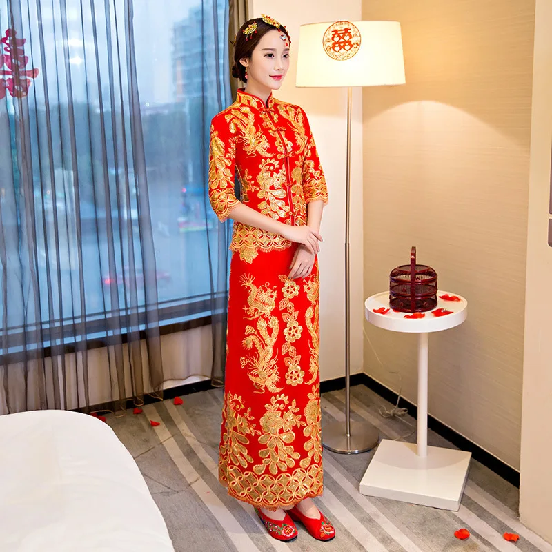 Chinese Bride Wedding Qipao Cheongsam Satin Skirt chinese dress female evening dress