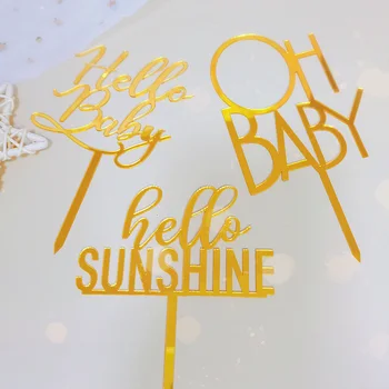 

OH Baby Acrylic Cake Topper Gold Hello Baby Sunshine Cupcake Topper For Baby Shower Kids Gilrs Birthday Party Cake Decorations