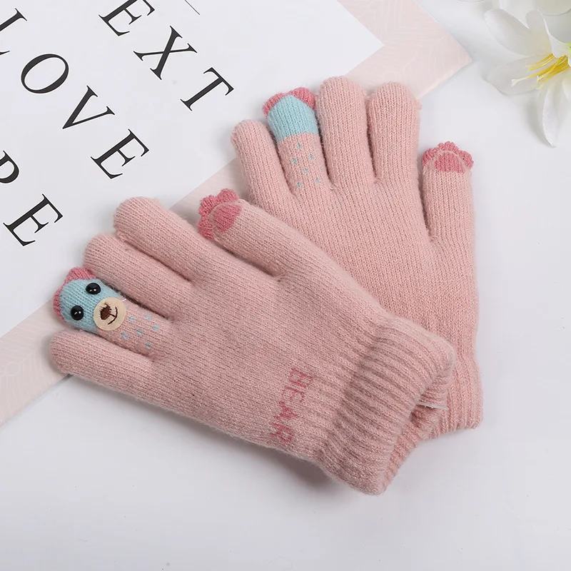 BalleenShiny/милые детские перчатки; теплые вязаные варежки с изображением животных на пальцах; Утепленные перчатки; зимние аксессуары - Цвет: LIGHT PINK