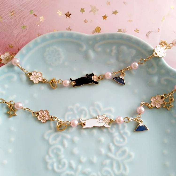 Japanese Style Fashion Girl's Funny Cute Cat Bracelets Pearls Charm Drop Oil Mount Fuji Flower for Female Kids Girls | Украшения и