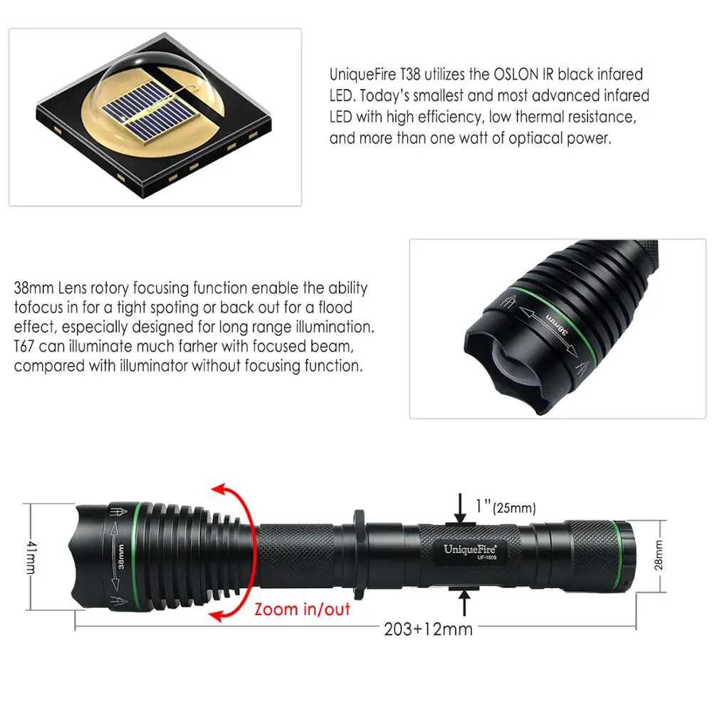 UniqueFire 1508 38 мм ИК 940nm ночного видения фонарик масштабируемый фокус Светодиодная лампа фонарь+ 18650 зарядное устройство заполняющий свет ночного видения