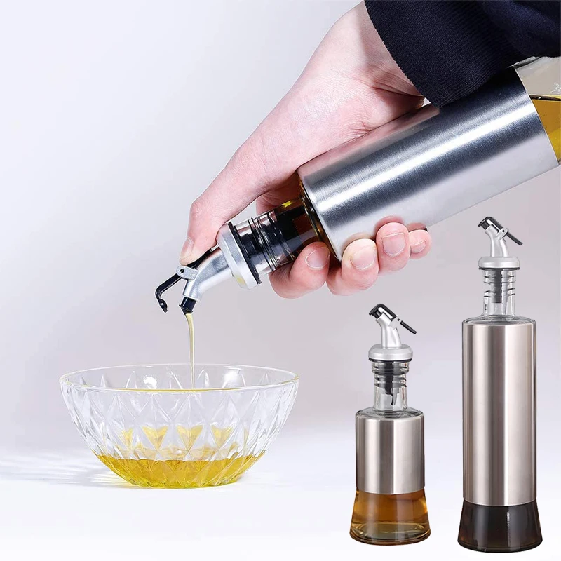 Olive Oil Dispenser Bottle,2Pcs Premium Glass Stainless Steel Oil Vinegar Dispenser Pouring Spouts Soy Sauce Container for Kitchen 