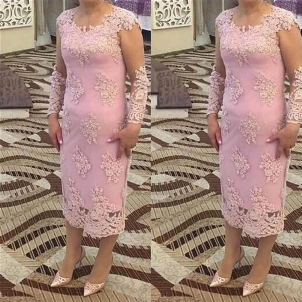 Привлекательное розовое Тюлевое платье Vestidos De Madrina с длинными рукавами, платье-футляр, иллюзия, бисероплетение, кружевное платье длиной до середины икры, Короткое женское платье на заказ