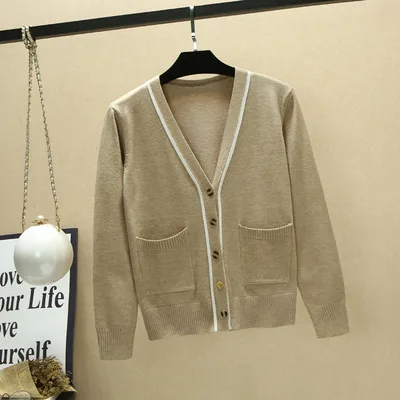 khaki Высококачественные весенне-осенние повседневные кардиганы для женщин полосатые вязаные топы с длинными рукавами с v-образным вырезом женские свитера пальто - Цвет: khaki