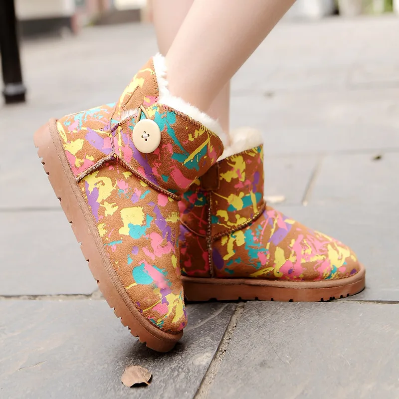

2019 Genuine Leather Button Snow Boots Anti-slip Waterproof Low Top Cowhide Graffiti Brushed And Thick Flat Warm Female Cotton B
