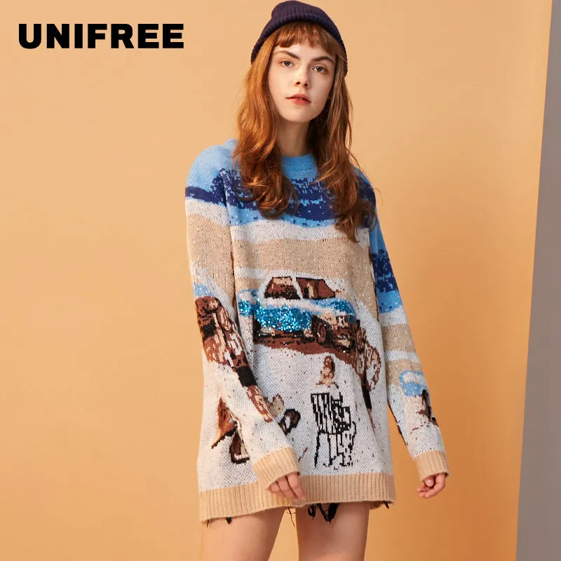 UNIFREE Осенний-зимний новое поступление свитер для женщин полосатый цвет высокое качество свободный модный простой пуловер женская одежда UOC183K022A28