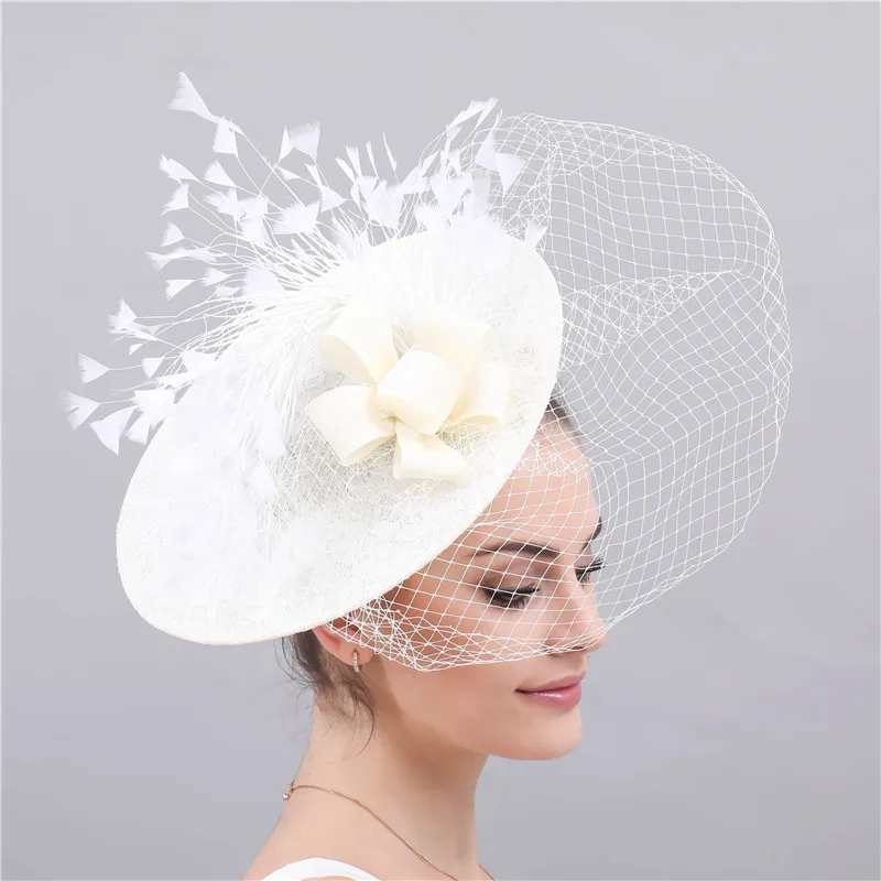 JaneVini Large Elegant Women Hats Wedding Facinators Linen Mesh Birdcage Veil Ivory Princess Bride Lace Hat Accesorios De Novias hair accessories bridal hair accessories fascinator hats